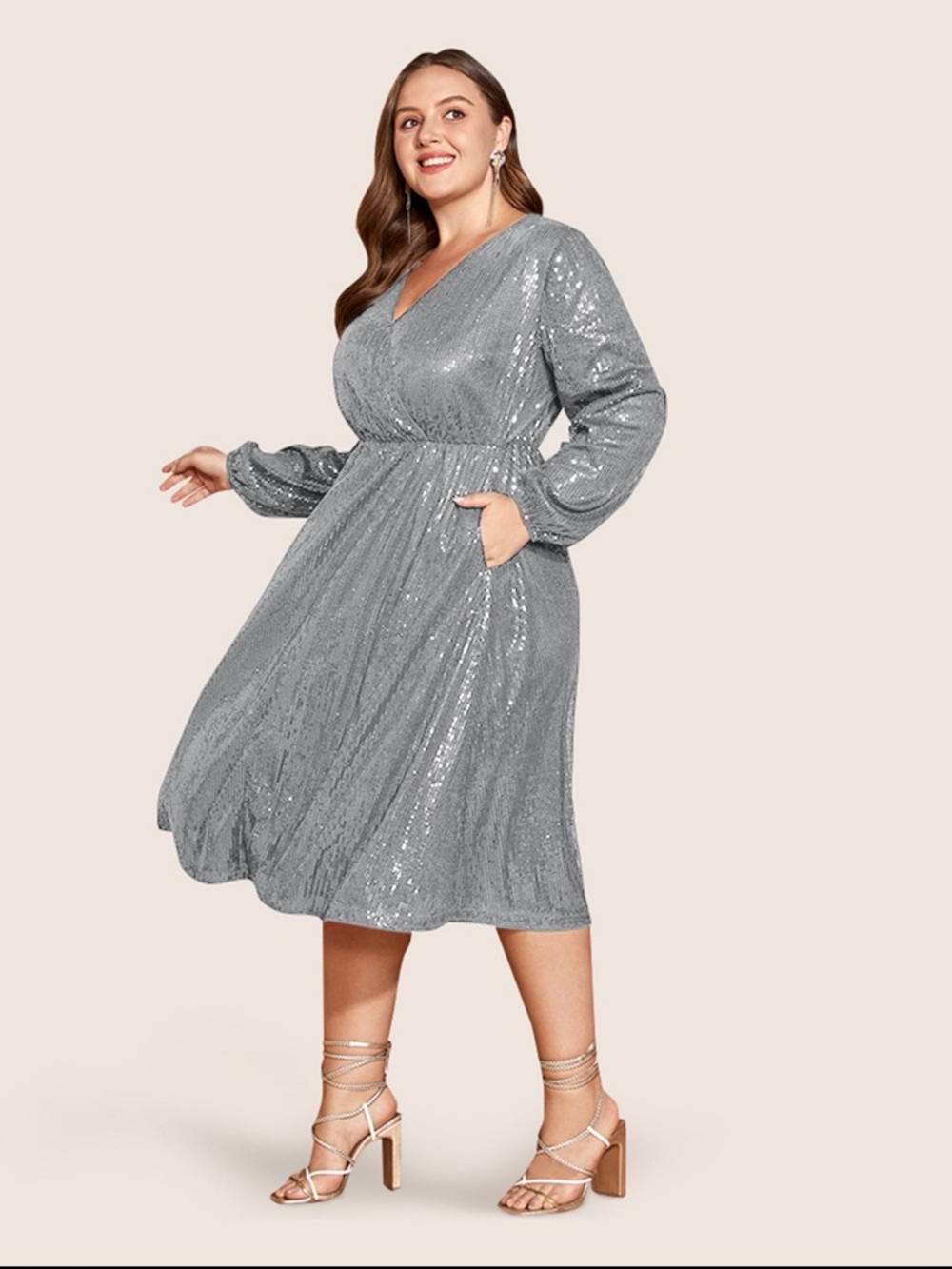 BloomChic Silver Sequin V-Neck Midi Dress with Long Sleeves